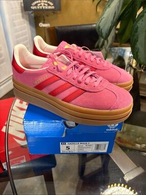 adidas Gazelle Bold J Pink Suede Sneakers with Red Stripes and Gum Sole